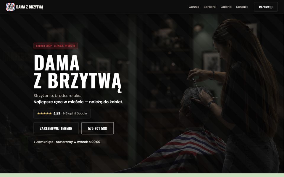 Strona barber shopu Dama z Brzytwą w Leżajsku